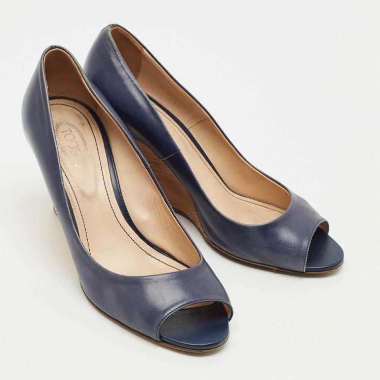 Pre Owned Tod's Blue Leather Wedge Pumps Size 38