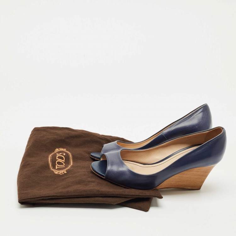 Pre Owned Tod's Blue Leather Wedge Pumps Size 38