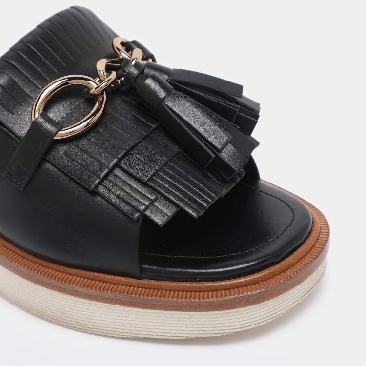 Pre Owned Tod's Black Leather Tassel Fringe Detail Platform Slide Sandals Size 38