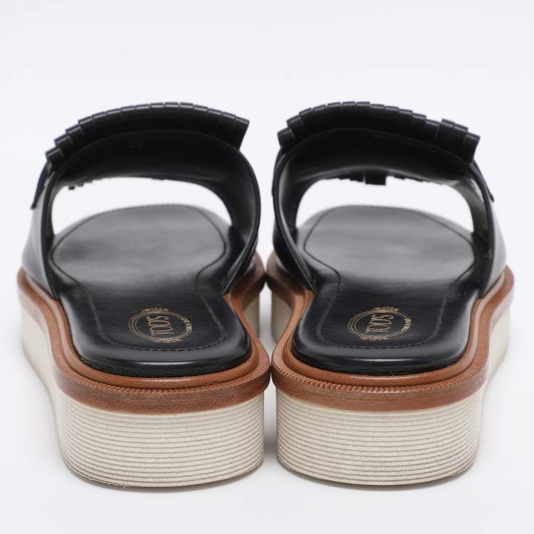 Pre Owned Tod's Black Leather Tassel Fringe Detail Platform Slide Sandals Size 38
