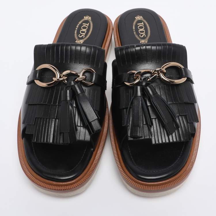 Pre Owned Tod's Black Leather Tassel Fringe Detail Platform Slide Sandals Size 38