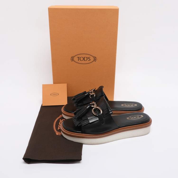 Pre Owned Tod's Black Leather Tassel Fringe Detail Platform Slide Sandals Size 38