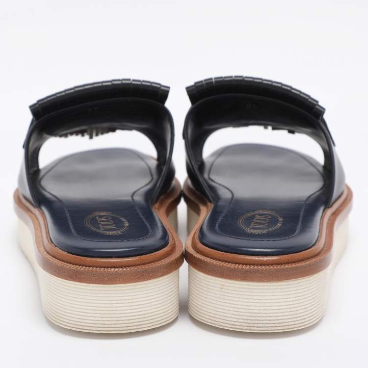 Pre Owned Tod's Navy Blue Leather Tassel Fringe Detail Platform Slide Sandals Size 36