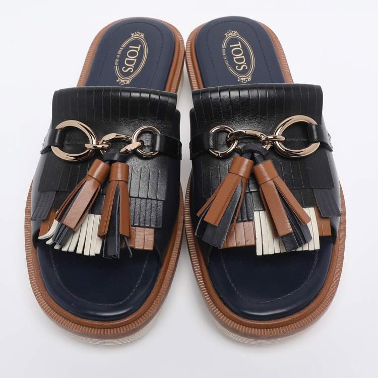 Pre Owned Tod's Navy Blue Leather Tassel Fringe Detail Platform Slide Sandals Size 36