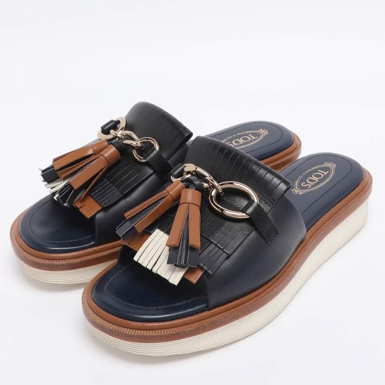 Pre Owned Tod's Navy Blue Leather Tassel Fringe Detail Platform Slide Sandals Size 36