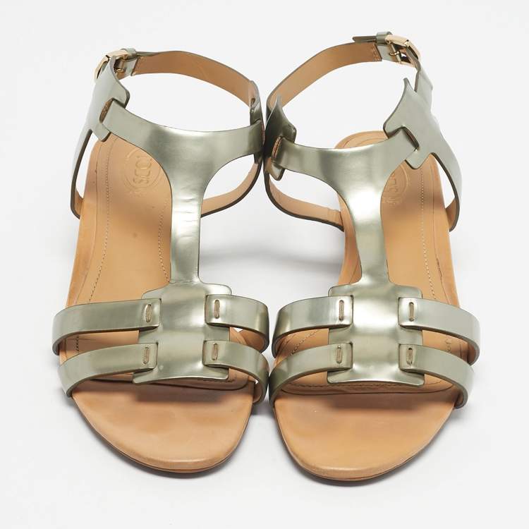 Pre Owned Tod's Gold Leather Ankle Strap Sandals Size 38