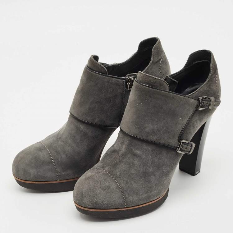 Pre Owned Tod's Grey Suede Leather Buckle Detail Block Heel Booties Size 37.5