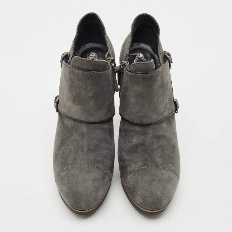 Pre Owned Tod's Grey Suede Leather Buckle Detail Block Heel Booties Size 37.5