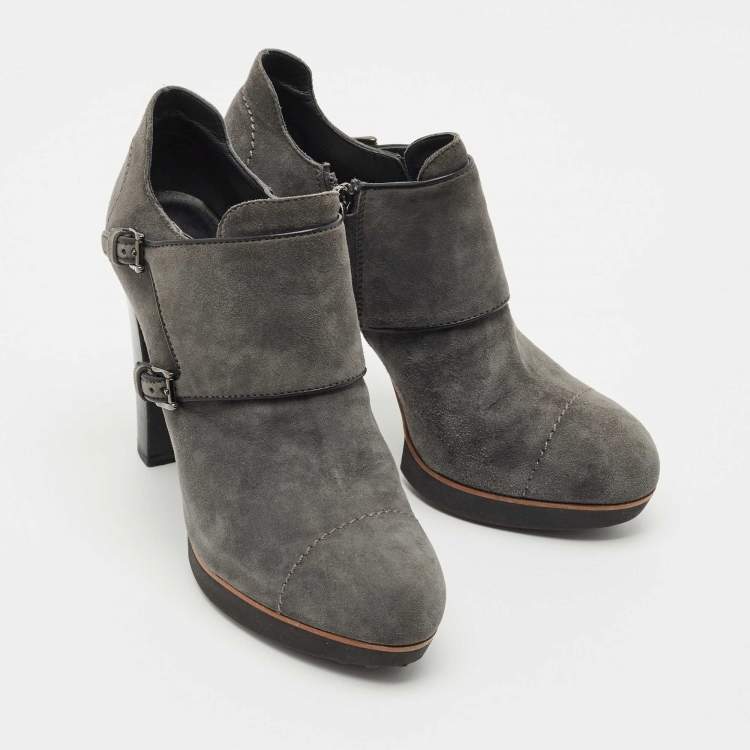 Pre Owned Tod's Grey Suede Leather Buckle Detail Block Heel Booties Size 37.5