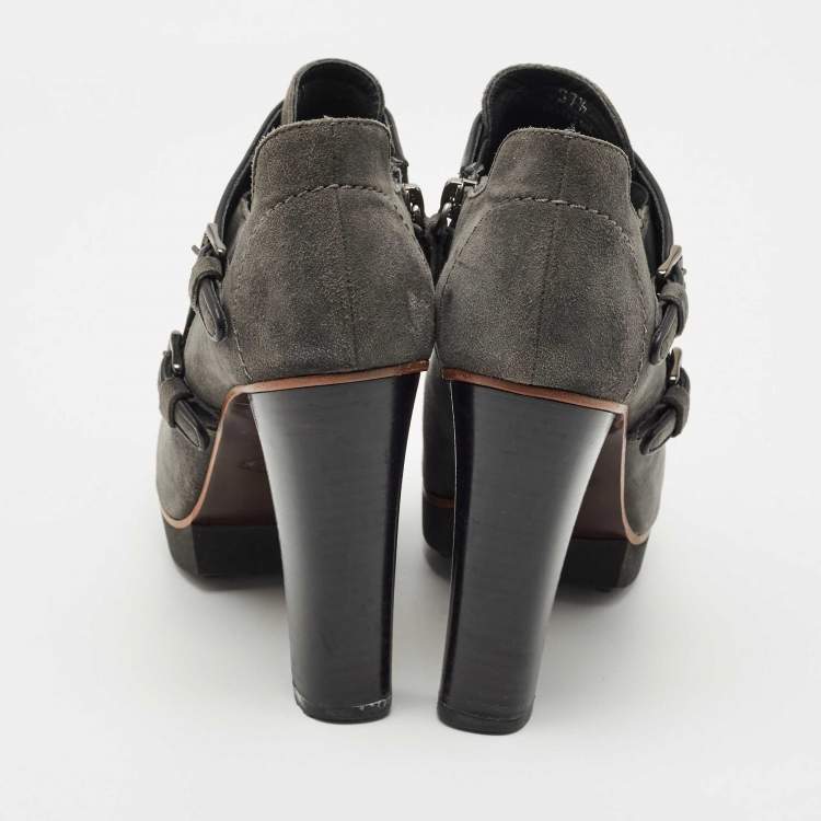 Pre Owned Tod's Grey Suede Leather Buckle Detail Block Heel Booties Size 37.5