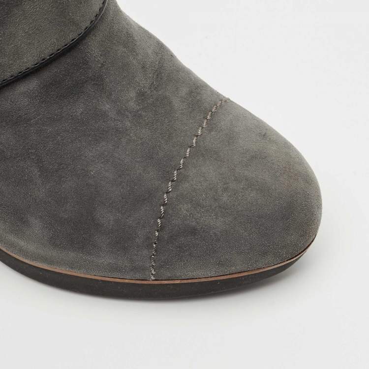 Pre Owned Tod's Grey Suede Leather Buckle Detail Block Heel Booties Size 37.5