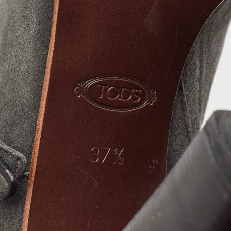 Pre Owned Tod's Grey Suede Leather Buckle Detail Block Heel Booties Size 37.5