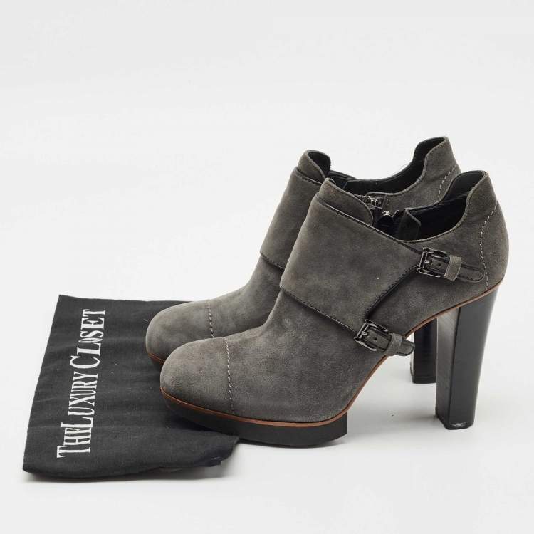 Pre Owned Tod's Grey Suede Leather Buckle Detail Block Heel Booties Size 37.5