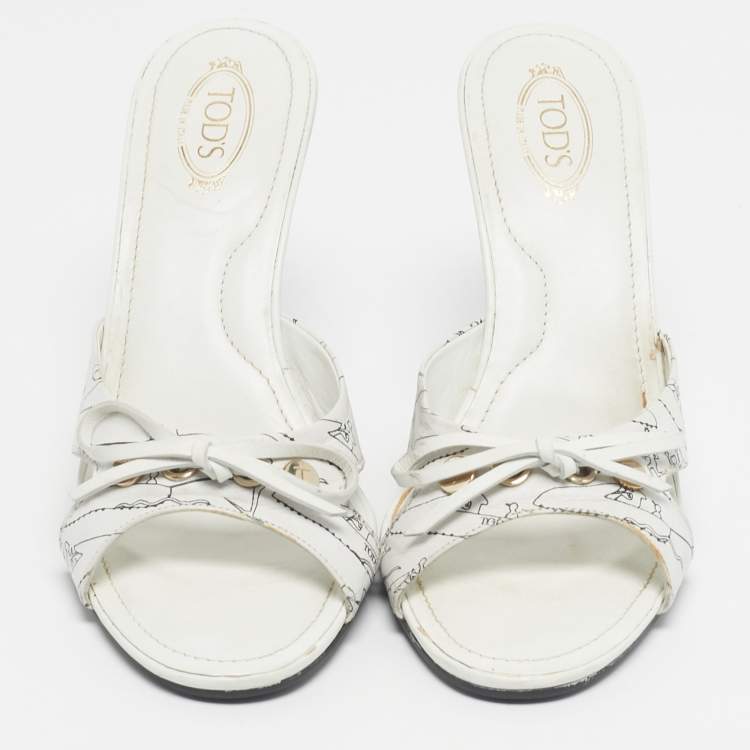 Pre Owned Tod's White/White Leather Bow  Wedge Sandals Size 37