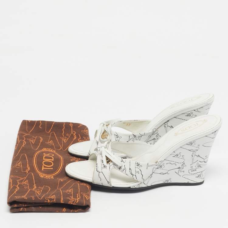Pre Owned Tod's White/White Leather Bow  Wedge Sandals Size 37