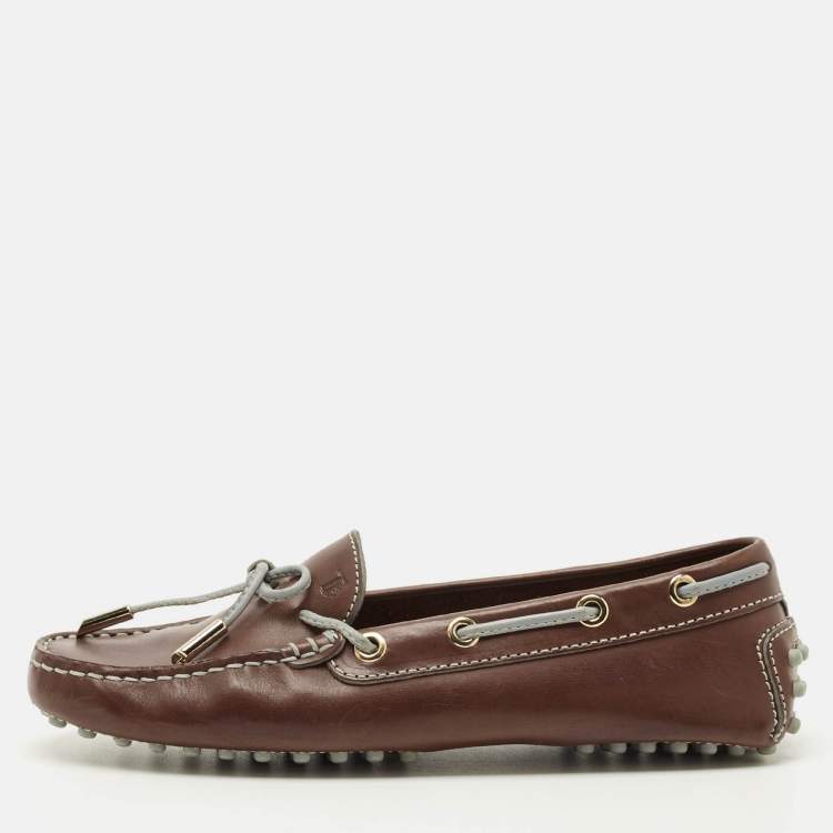 Pre Owned Tod's Brown Leather Gommino Bow Slip On Loafers Size 35.5