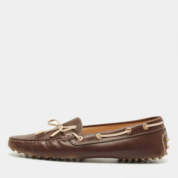 Pre Owned Tod's Brown Leather Bow Slip On Loafers Size 40