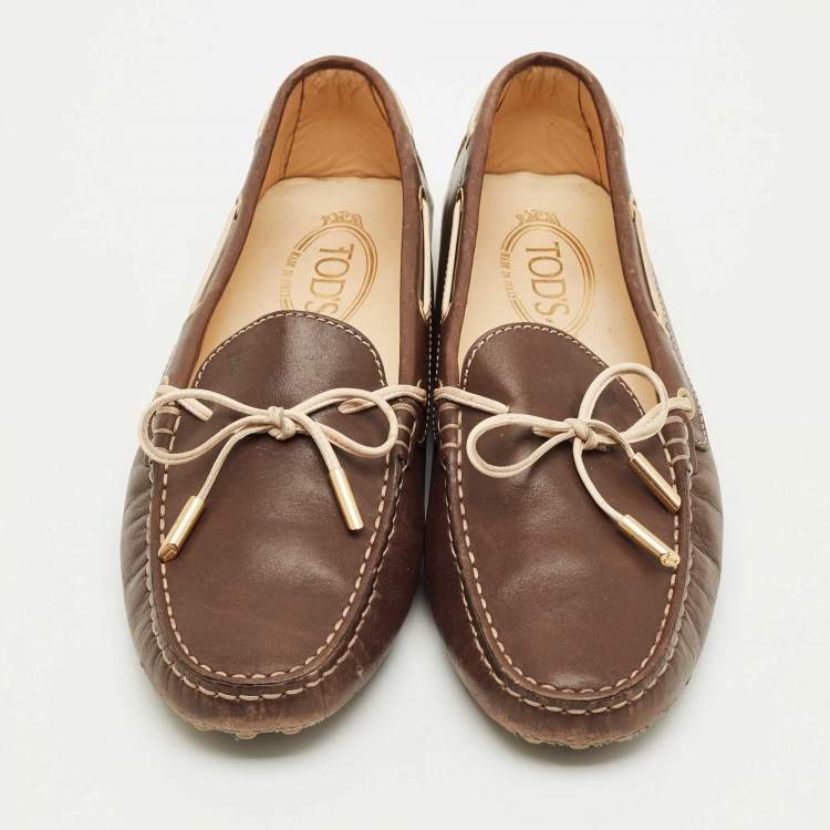 Pre Owned Tod's Brown Leather Bow Slip On Loafers Size 40