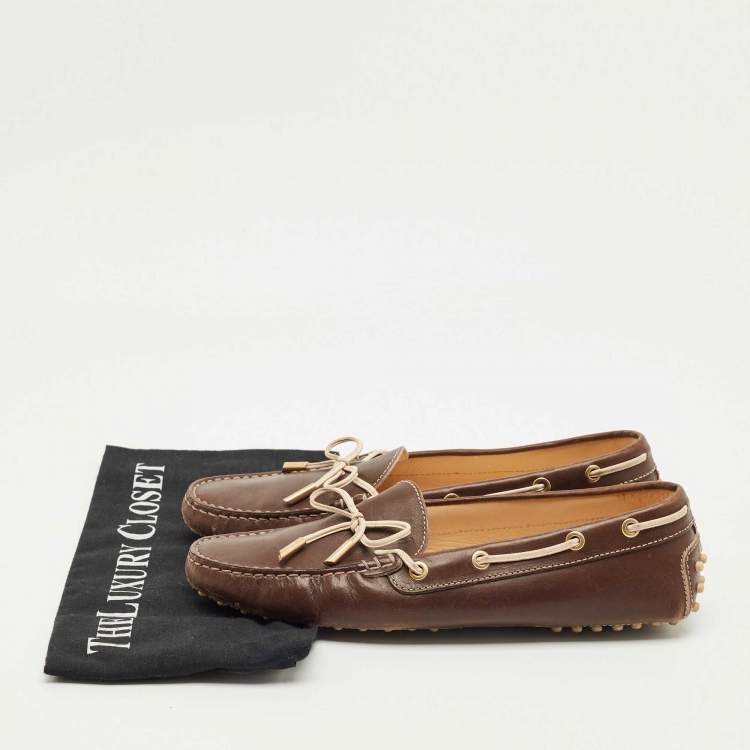 Pre Owned Tod's Brown Leather Bow Slip On Loafers Size 40