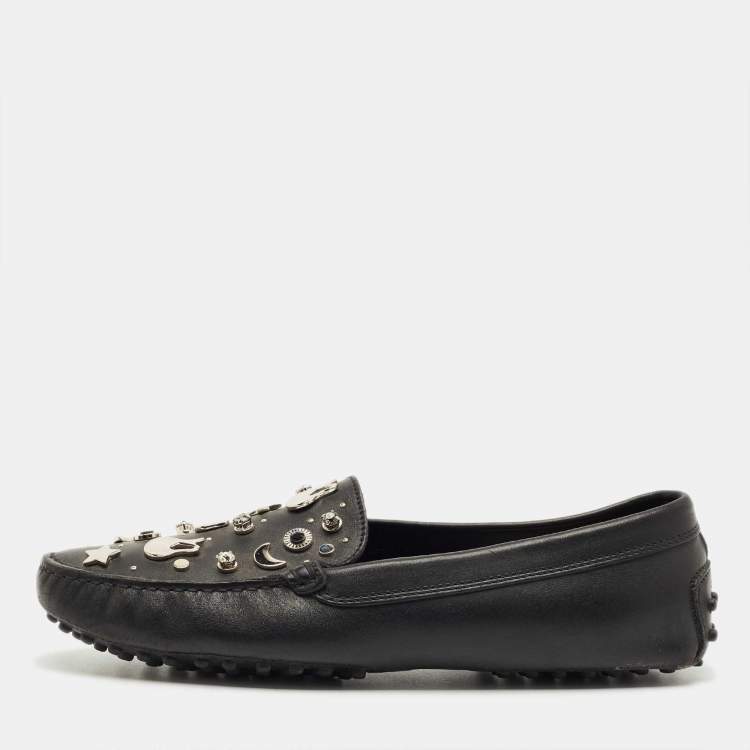Pre Owned Tod's Black Leather Embellished Driving Slip On Loafers Size 39