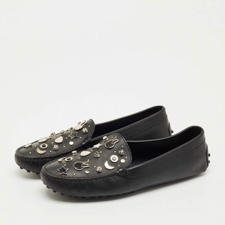 Pre Owned Tod's Black Leather Embellished Driving Slip On Loafers Size 39