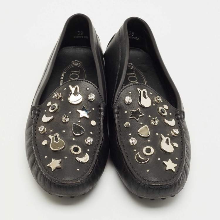 Pre Owned Tod's Black Leather Embellished Driving Slip On Loafers Size 39