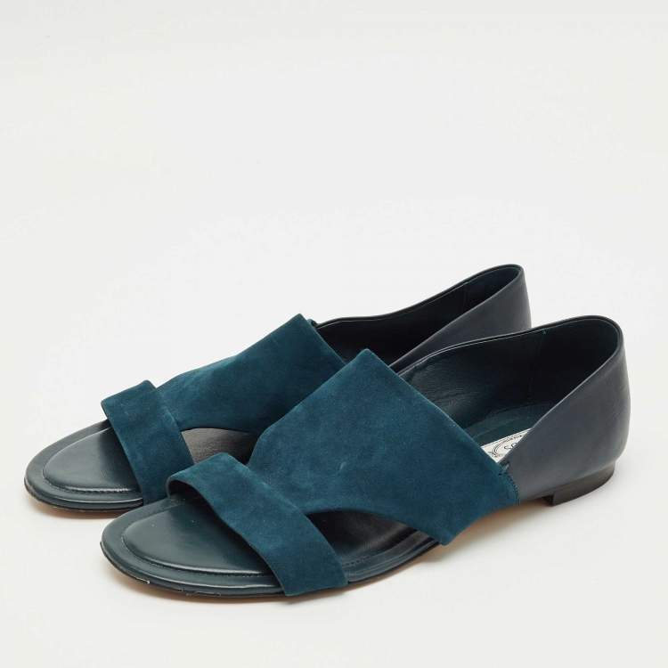 Pre Owned Tod's Teal Blue/Navy Blue Suede Open Toe Flat Size 42