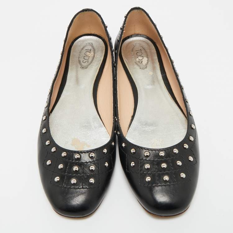 Pre Owned Tod's Black Leather Studded Ballet Flats Size 38
