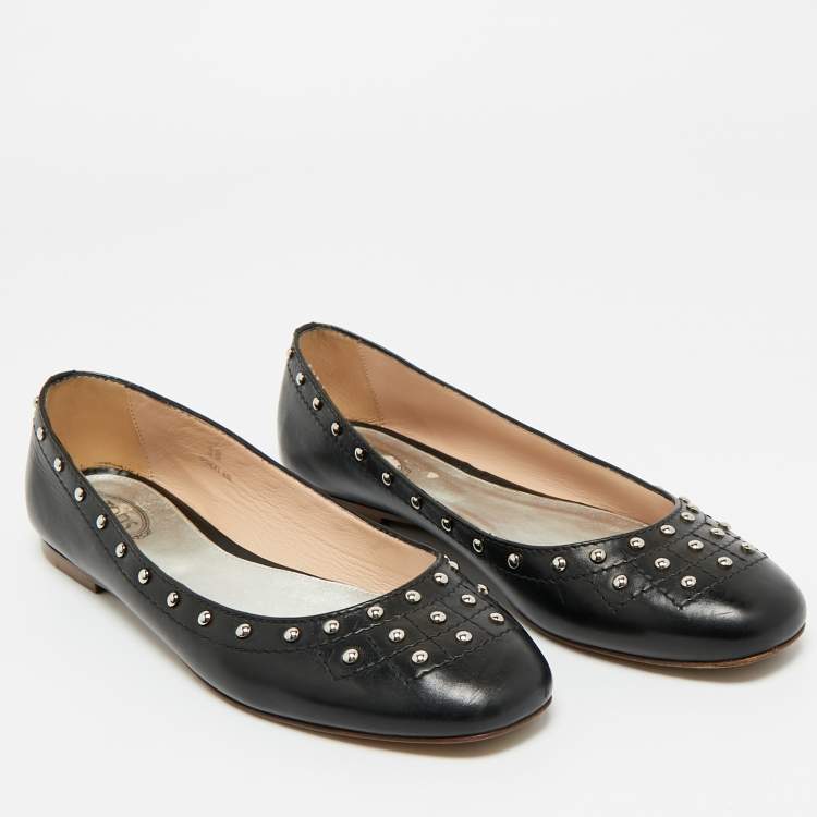 Pre Owned Tod's Black Leather Studded Ballet Flats Size 38