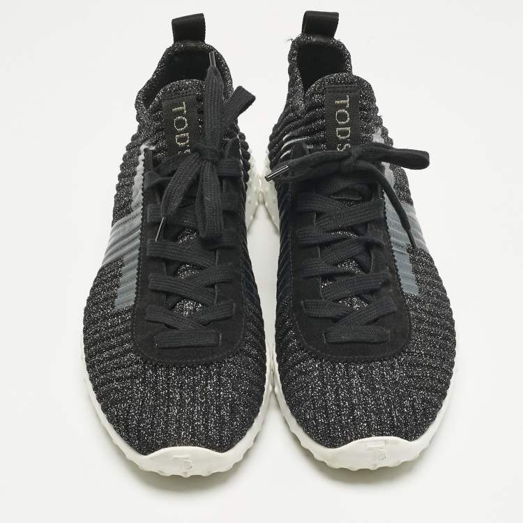 Pre Owned Tod's Metallic Black Lurex Fabric and Suede T Print Sneakers Size 40