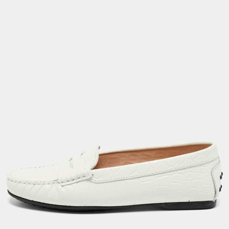Pre Owned Tod's Croc Embossed Leather Bow Slip On Loafers Size 37.5