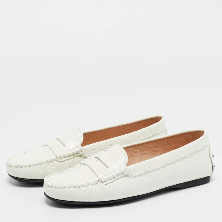 Pre Owned Tod's Croc Embossed Leather Bow Slip On Loafers Size 37.5