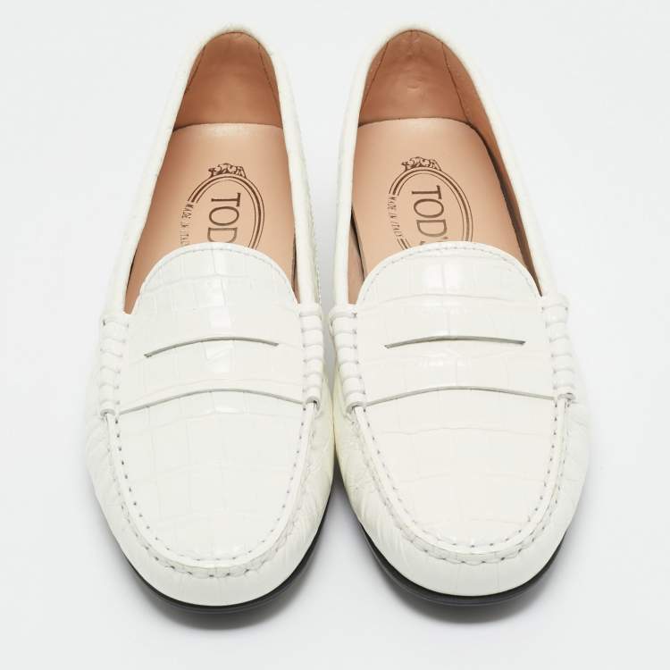 Pre Owned Tod's Croc Embossed Leather Bow Slip On Loafers Size 37.5