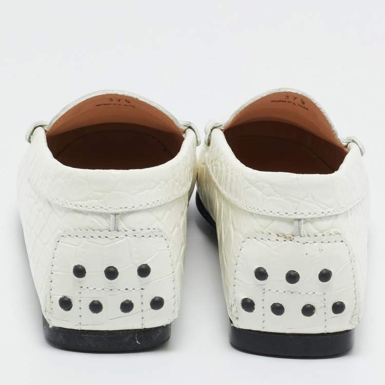 Pre Owned Tod's Croc Embossed Leather Bow Slip On Loafers Size 37.5