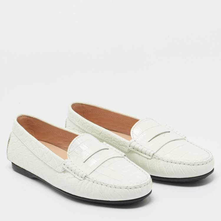 Pre Owned Tod's Croc Embossed Leather Bow Slip On Loafers Size 37.5