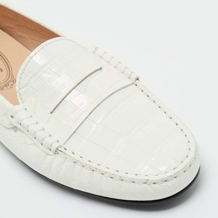 Pre Owned Tod's Croc Embossed Leather Bow Slip On Loafers Size 37.5