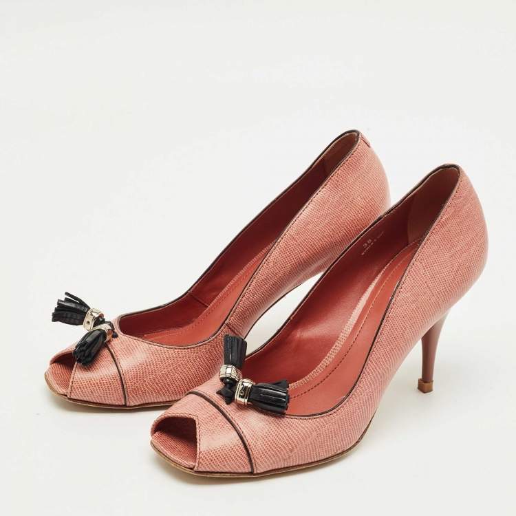 Pre Owned Tod's Pink Lizard Embossed Leather Peep Toe Pumps Size 38