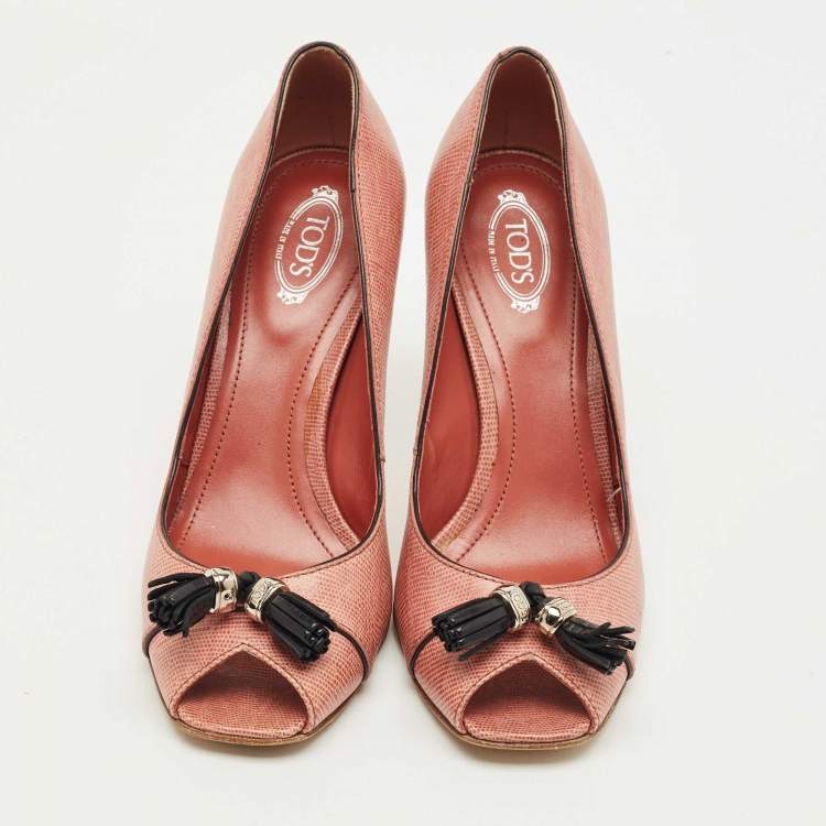 Pre Owned Tod's Pink Lizard Embossed Leather Peep Toe Pumps Size 38