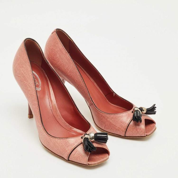 Pre Owned Tod's Pink Lizard Embossed Leather Peep Toe Pumps Size 38
