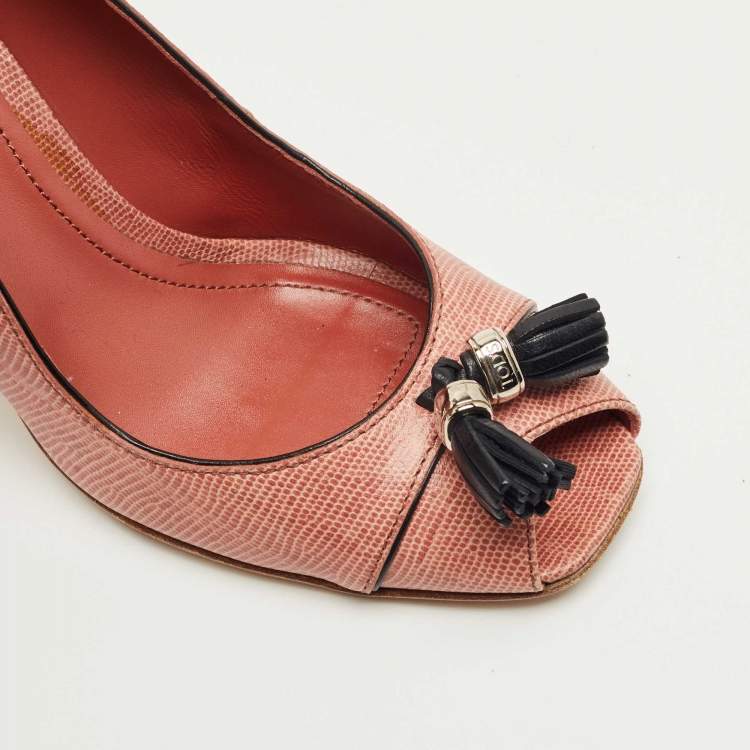 Pre Owned Tod's Pink Lizard Embossed Leather Peep Toe Pumps Size 38