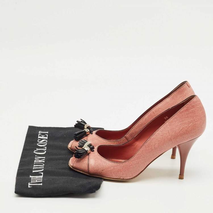 Pre Owned Tod's Pink Lizard Embossed Leather Peep Toe Pumps Size 38