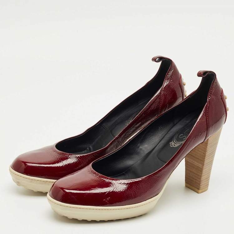 Pre Owned Tod's Burgundy Patent Leather Block Heel Pumps Size 39.5