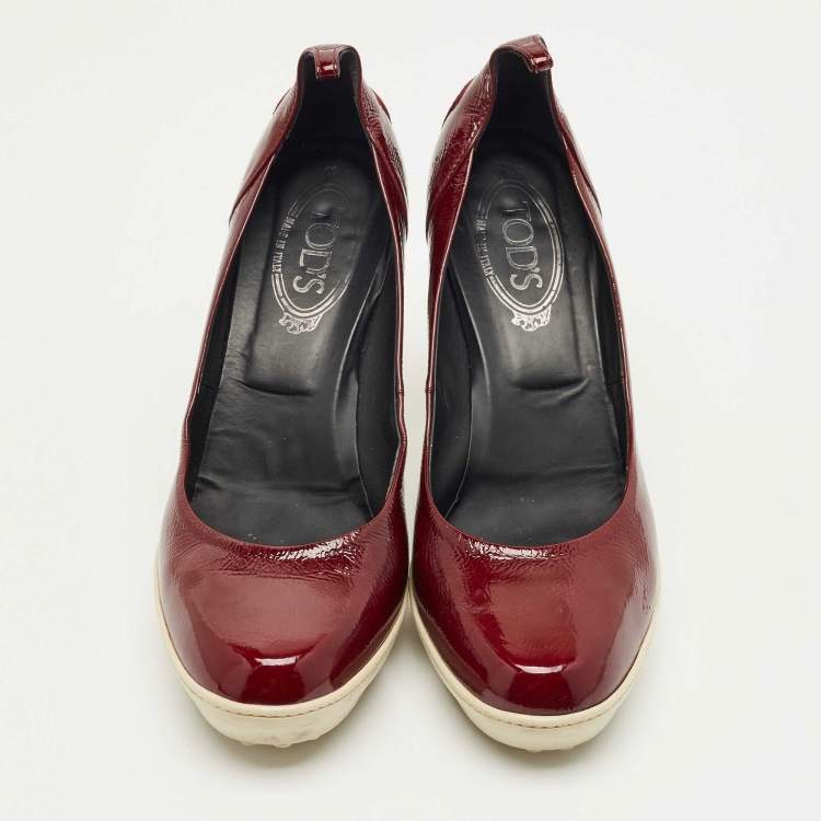 Pre Owned Tod's Burgundy Patent Leather Block Heel Pumps Size 39.5