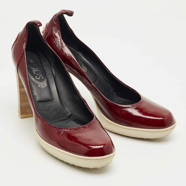 Pre Owned Tod's Burgundy Patent Leather Block Heel Pumps Size 39.5