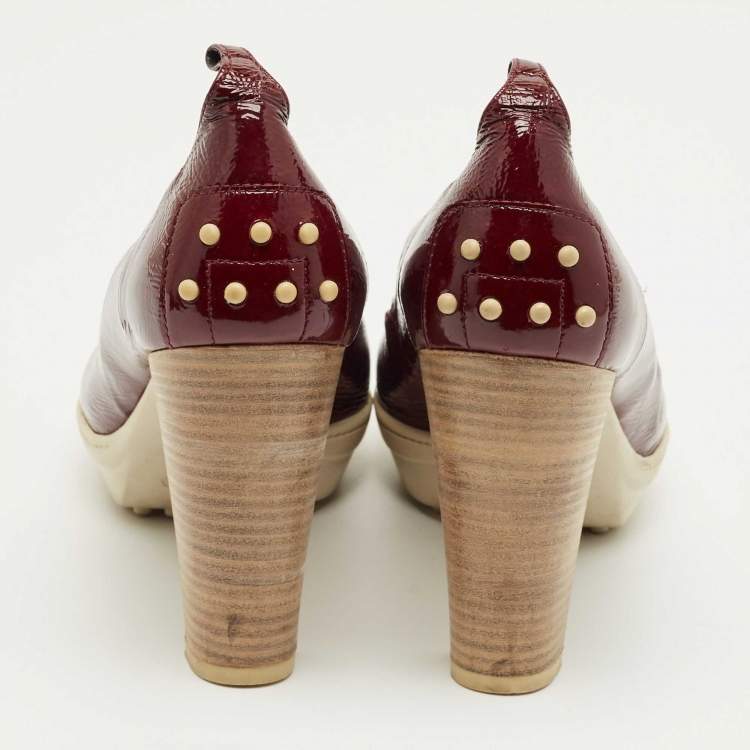 Pre Owned Tod's Burgundy Patent Leather Block Heel Pumps Size 39.5