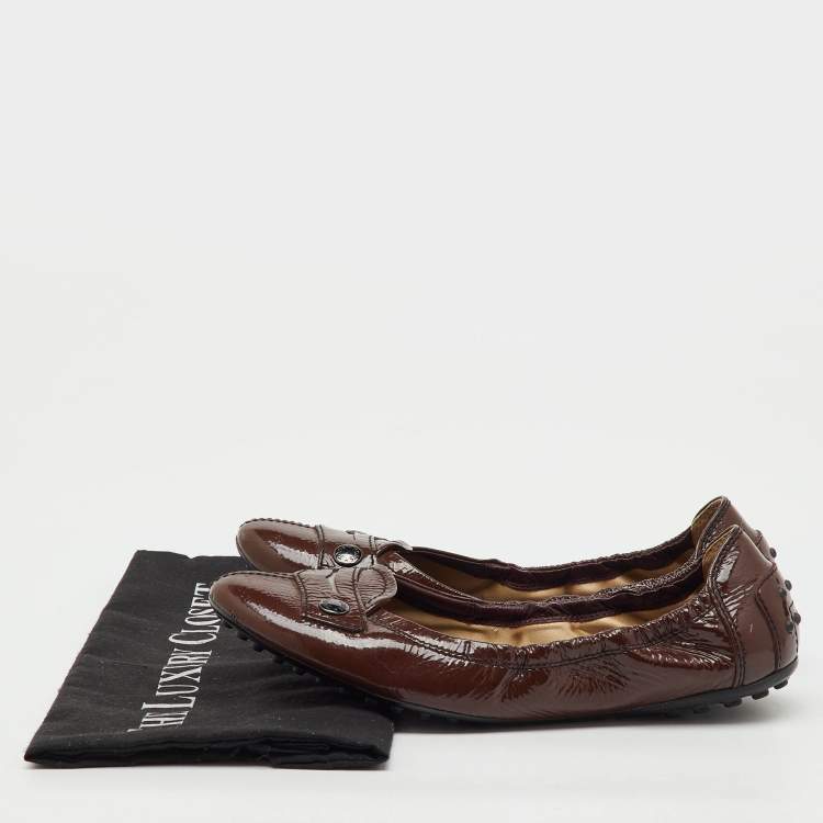 Pre Owned Tod's Dark Brown Patent Leather Scrunch Ballet Flats Size 37