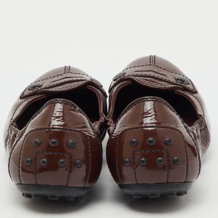 Pre Owned Tod's Dark Brown Patent Leather Scrunch Ballet Flats Size 37