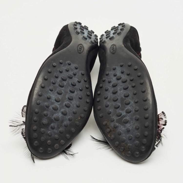 Pre Owned Tod's Black Suede Scrunch Feather Embellish Ballet Flats Size 39