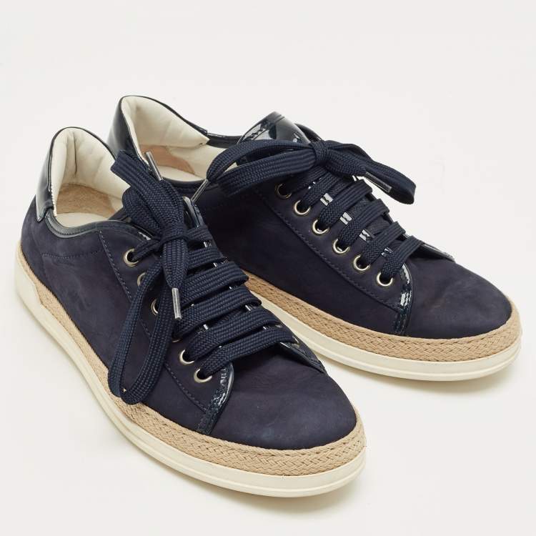 مملوكة مسبقًا Tod's Navy Blue Nubuck Leather and Patent Leather Lace Up Sneakers Size 36