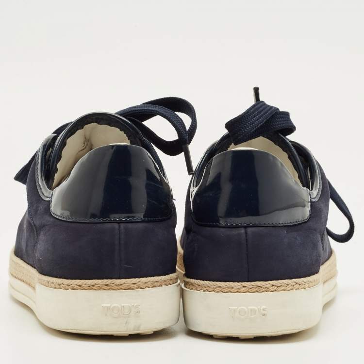مملوكة مسبقًا Tod's Navy Blue Nubuck Leather and Patent Leather Lace Up Sneakers Size 36